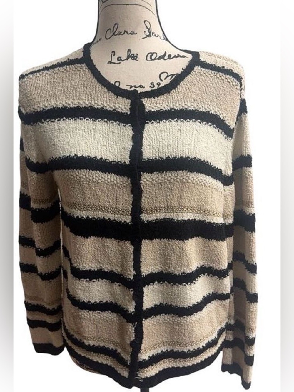 Talbots Petites Hand Knit Striped Cardigan M Black Cream Tan Gold Silk Ramie Lin
